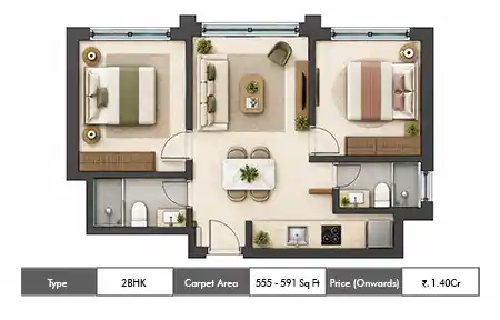 2 BHK 555-591 SqFt