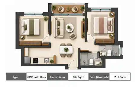 2 BHK with Deck 657 SqFt
