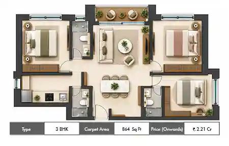 3 BHK 864 SqFt